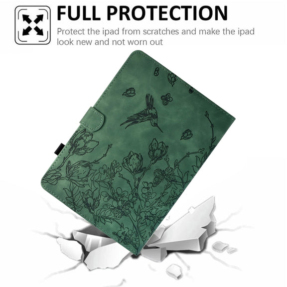 For Samsung Galaxy Tab S9 Flowers and Bird Embossed Smart Leather Tablet Case(Green)