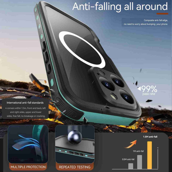 For iPhone 16 Pro Max RedPepper IP68 Water-resistant Triple-proof MagSafe Phone Case(Black Blue)