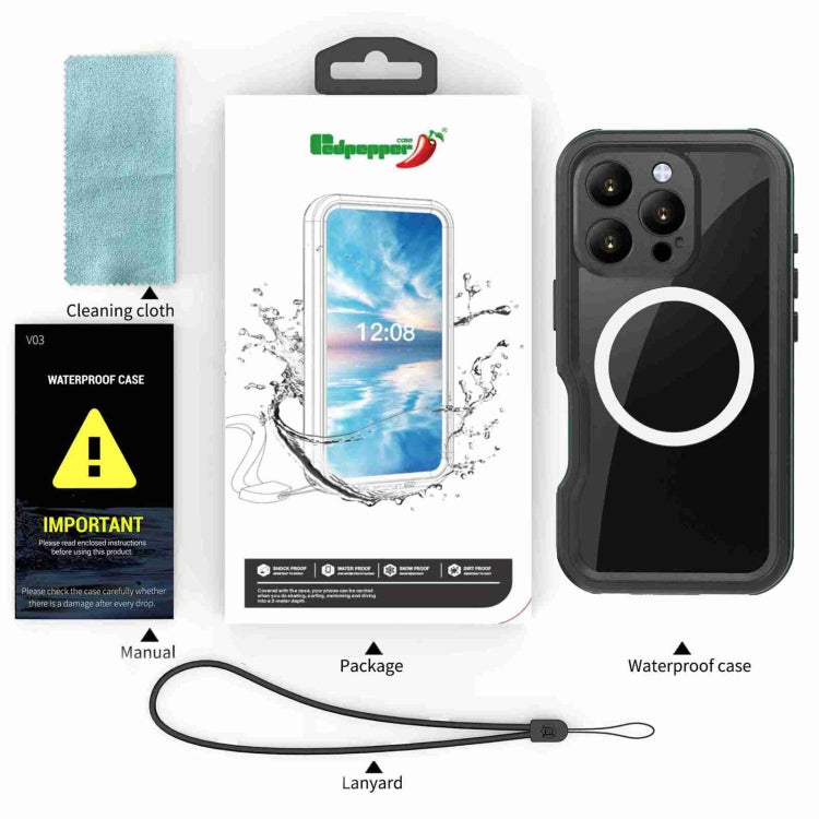 For iPhone 16 Pro Max RedPepper IP68 Water-resistant Triple-proof MagSafe Phone Case(Black Blue)