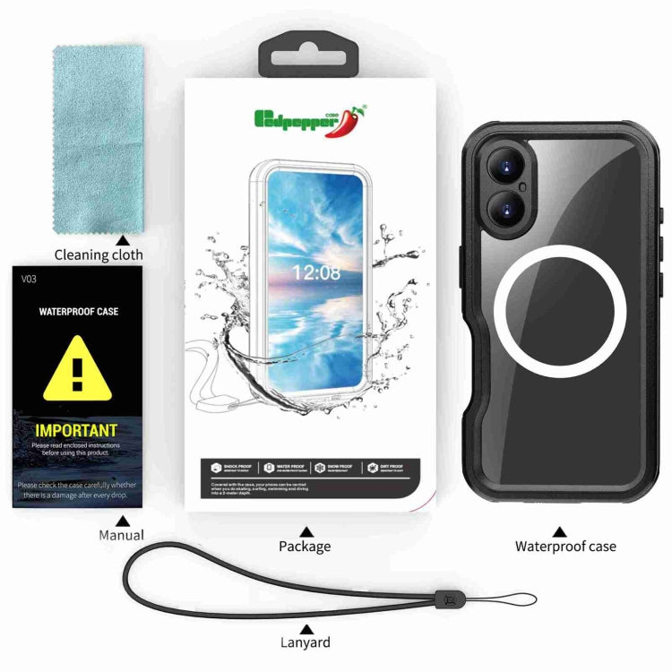 For iPhone 16 RedPepper IP68 Water-resistant Triple-proof MagSafe Phone Case(Black)