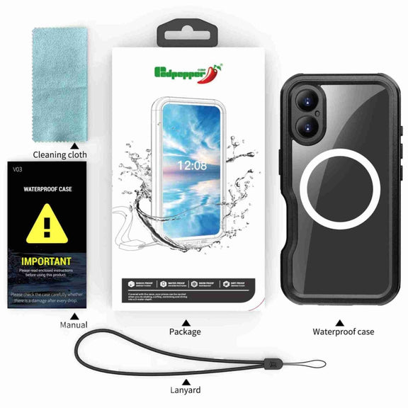 For iPhone 16 RedPepper IP68 Water-resistant Triple-proof MagSafe Phone Case(Black)