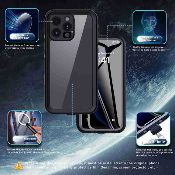 For iPhone 16 Pro RedPepper Transparent Dot IP68 Water-resistant Triple-proof Phone Case(Black Dark Grey)