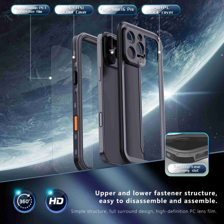 For iPhone 16 Pro RedPepper Transparent Dot IP68 Water-resistant Triple-proof Phone Case(Black Dark Grey)