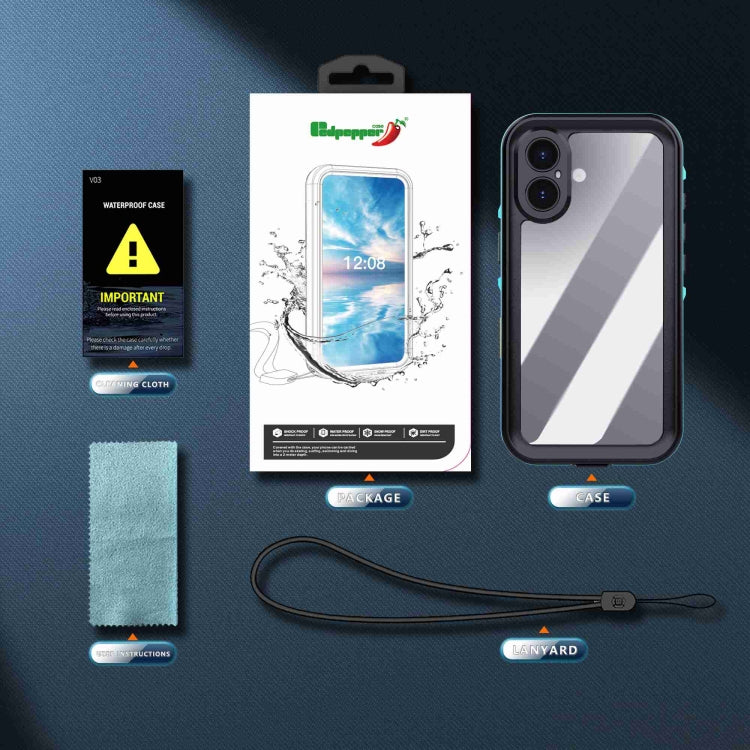 For iPhone 16 Plus RedPepper Transparent Dot IP68 Water-resistant Triple-proof Phone Case(Black Blue)