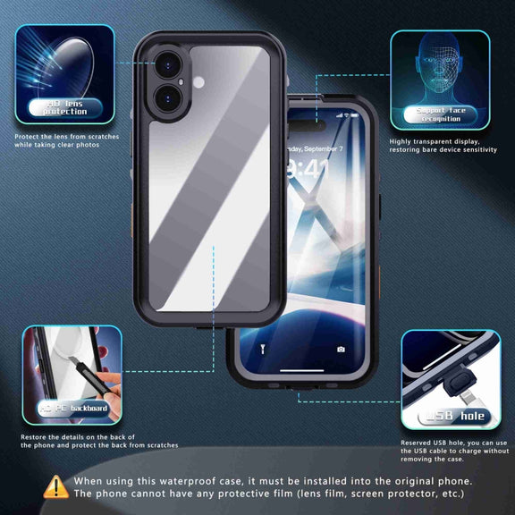 For iPhone 16 Plus RedPepper Transparent Dot IP68 Water-resistant Triple-proof Phone Case(Black Dark Grey)