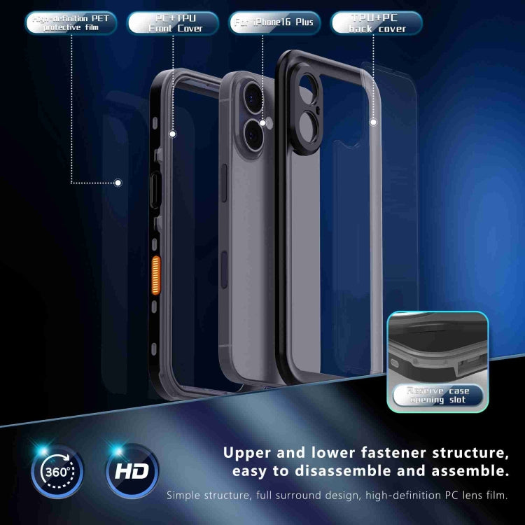 For iPhone 16 Plus RedPepper Transparent Dot IP68 Water-resistant Triple-proof Phone Case(Black Dark Grey)