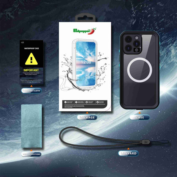 For iPhone 16 Pro Max RedPepper Transparent Dot IP68 Water-resistant Triple-proof MagSafe Phone Case(Black Blue)