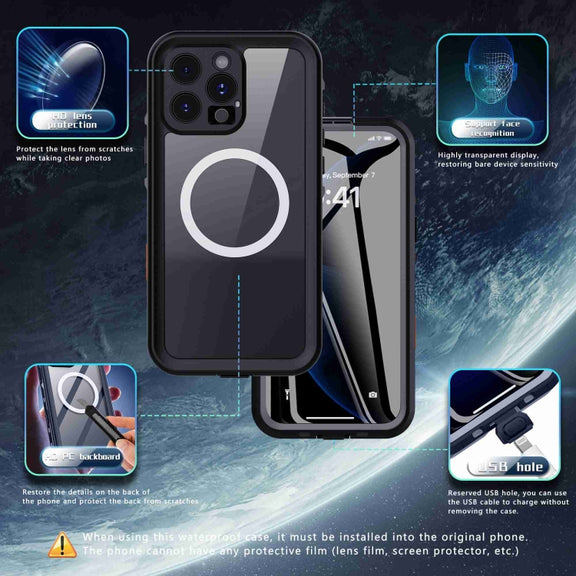 For iPhone 16 Pro Max RedPepper Transparent Dot IP68 Water-resistant Triple-proof MagSafe Phone Case(Black Dark Grey)