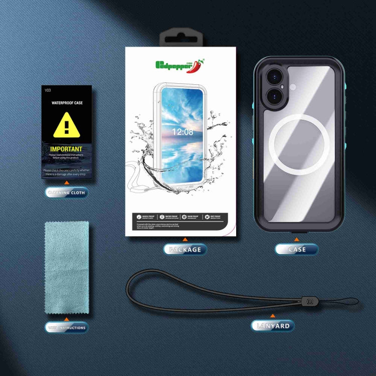 For iPhone 16 Plus RedPepper Transparent Dot IP68 Water-resistant Triple-proof MagSafe Phone Case(Black Blue)