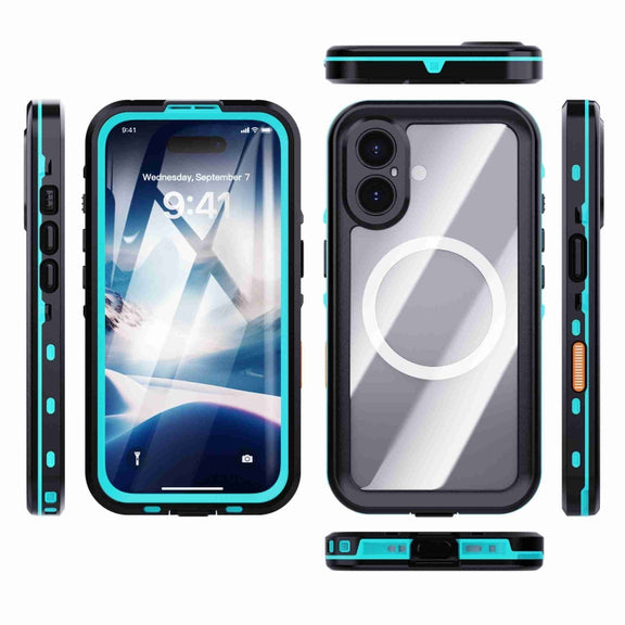 For iPhone 16 Plus RedPepper Transparent Dot IP68 Water-resistant Triple-proof MagSafe Phone Case(Black Blue)