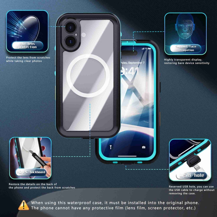 For iPhone 16 Plus RedPepper Transparent Dot IP68 Water-resistant Triple-proof MagSafe Phone Case(Black Blue)