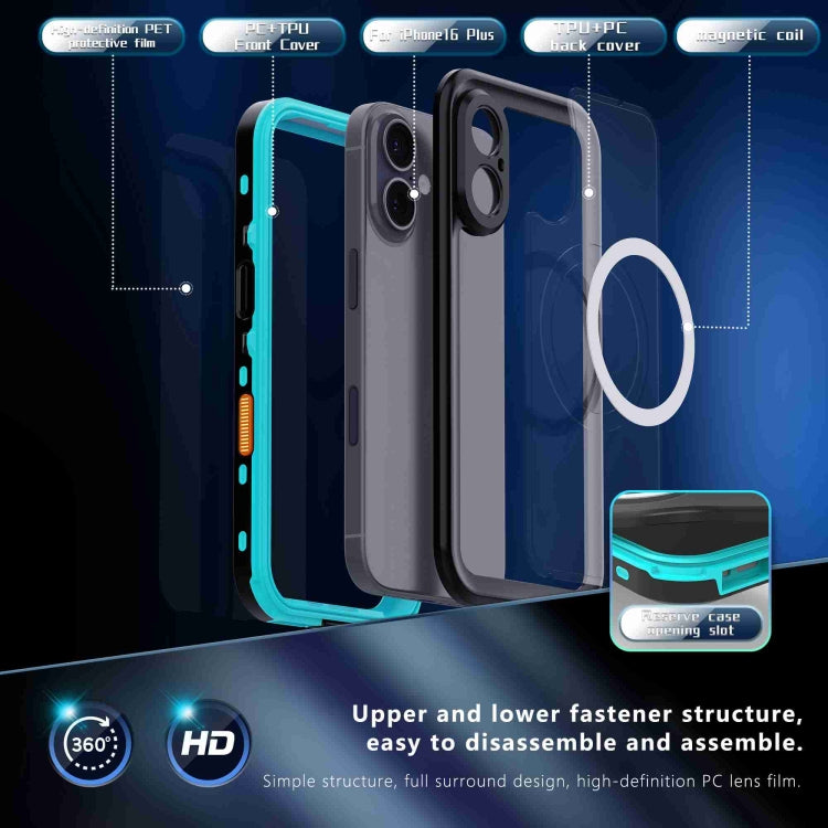For iPhone 16 Plus RedPepper Transparent Dot IP68 Water-resistant Triple-proof MagSafe Phone Case(Black Blue)