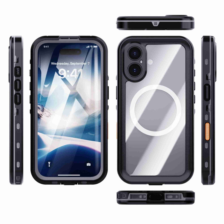 For iPhone 16 Plus RedPepper Transparent Dot IP68 Water-resistant Triple-proof MagSafe Phone Case(Black Dark Grey)
