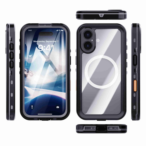 For iPhone 16 Plus RedPepper Transparent Dot IP68 Water-resistant Triple-proof MagSafe Phone Case(Black Dark Grey)