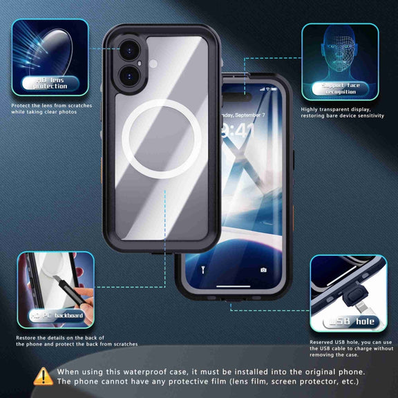 For iPhone 16 Plus RedPepper Transparent Dot IP68 Water-resistant Triple-proof MagSafe Phone Case(Black Dark Grey)