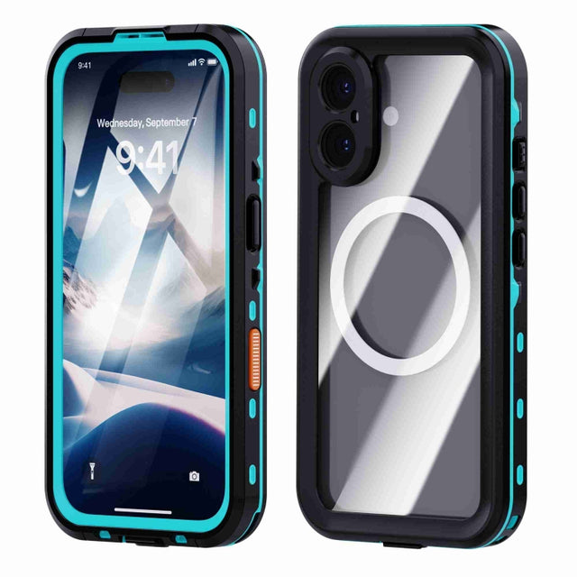 For iPhone 16 RedPepper Transparent Dot IP68 Water-resistant Triple-proof MagSafe Phone Case(Black Blue)