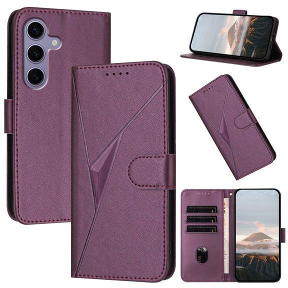 For Samsung Galaxy S25 5G Triangle Pattern Buckle Clasp Leather Phone Case(Dark Purple)