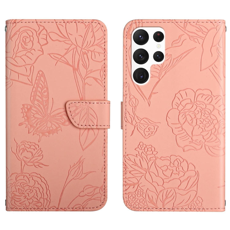 For Samsung Galaxy S25 Ultra 5G Skin Feel Butterfly Embossed Flip Leather Phone Case(Pink)
