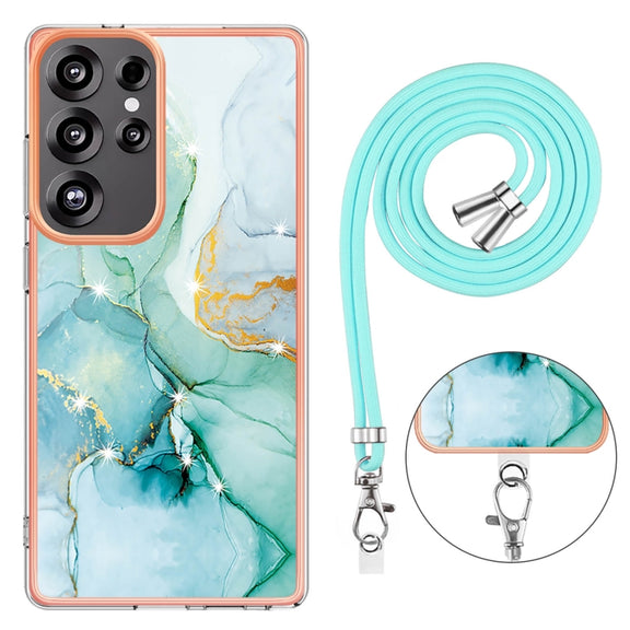 For Samsung Galaxy S25 Ultra 5G Electroplating Marble Dual-side IMD Phone Case with Lanyard(Green 003)