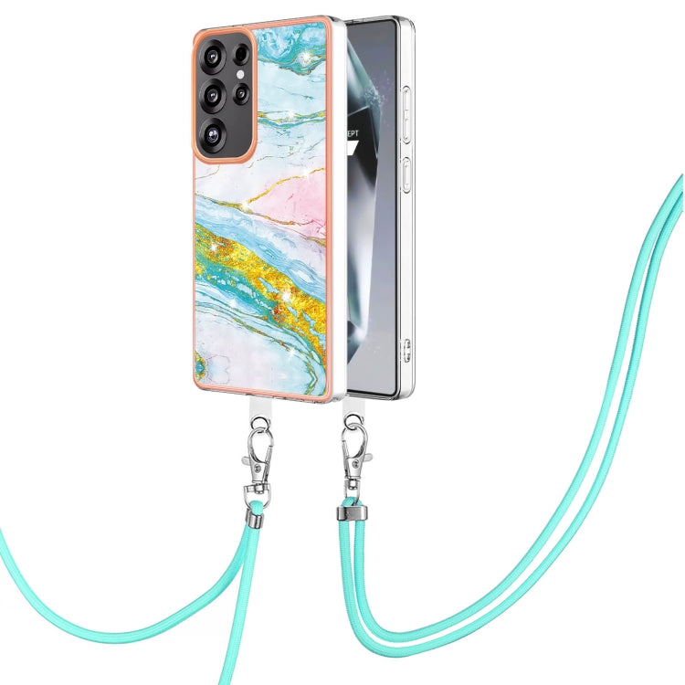 For Samsung Galaxy S25 Ultra 5G Electroplating Marble Dual-side IMD Phone Case with Lanyard(Green 004)