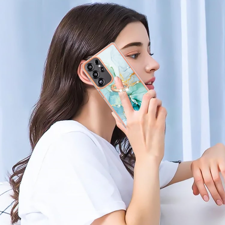 For Samsung Galaxy S25 Ultra 5G Electroplating Marble IMD TPU Phone Case with Ring Holder(Green 003)