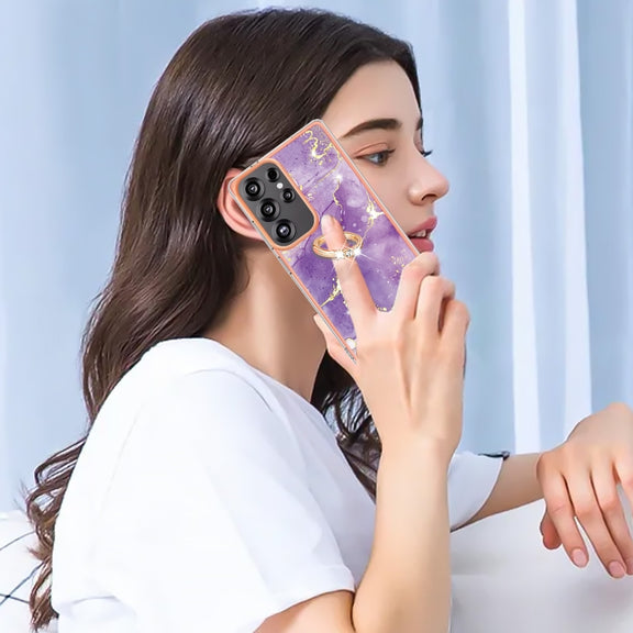 For Samsung Galaxy S25 Ultra 5G Electroplating Marble IMD TPU Phone Case with Ring Holder(Purple 002)