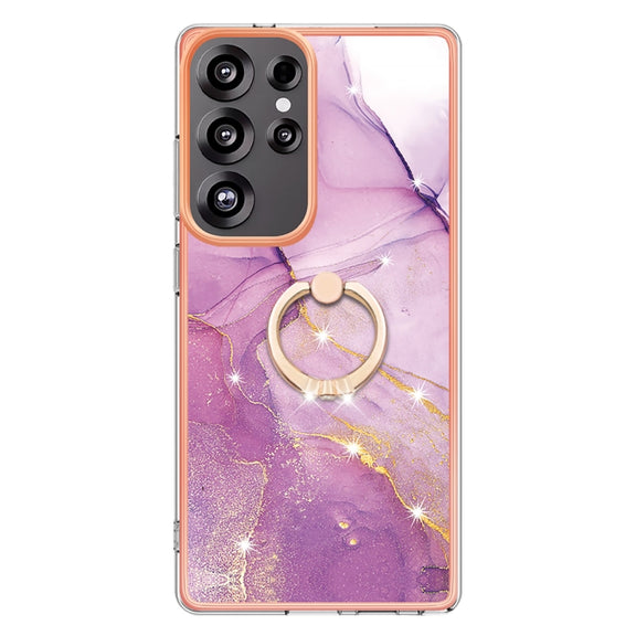 For Samsung Galaxy S25 Ultra 5G Electroplating Marble IMD TPU Phone Case with Ring Holder(Purple 001)