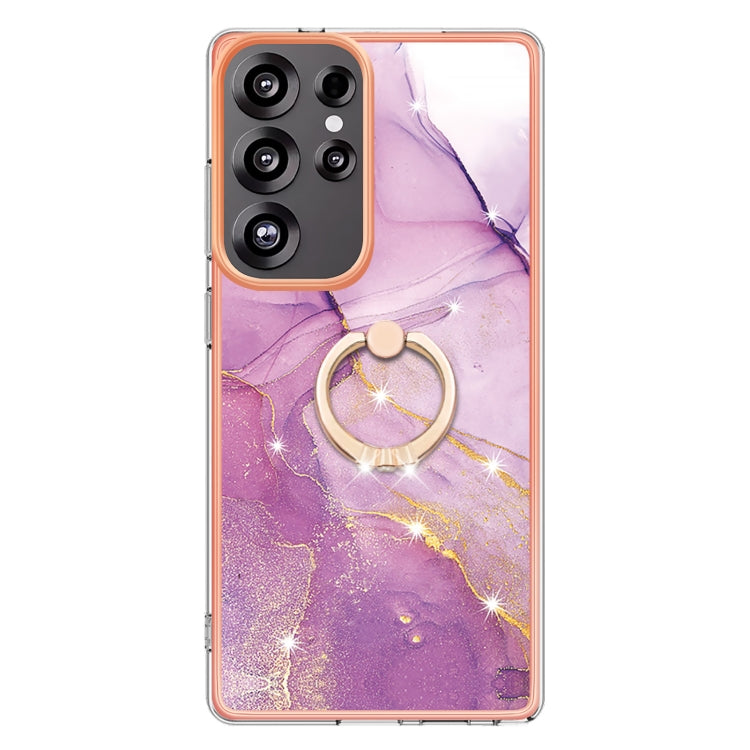 For Samsung Galaxy S25 Ultra 5G Electroplating Marble IMD TPU Phone Case with Ring Holder(Purple 001)