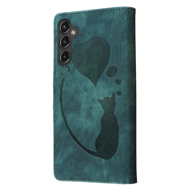 For Samsung Galaxy S25 5G Pen Heart Cat Embossed Leather Phone Case(Green)