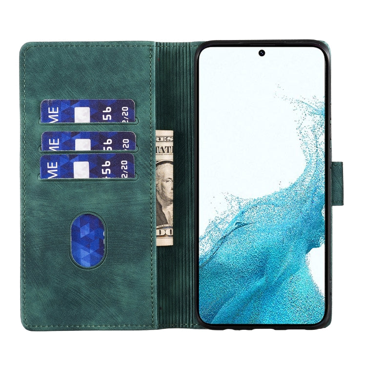 For Samsung Galaxy S25 5G Pen Heart Cat Embossed Leather Phone Case(Green)