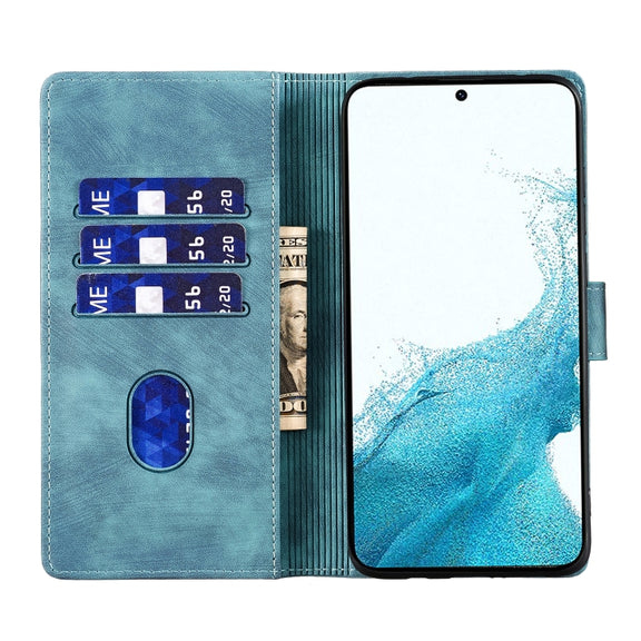 For Samsung Galaxy S25 5G Pen Heart Cat Embossed Leather Phone Case(Blue)