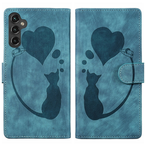 For Samsung Galaxy S25 5G Pen Heart Cat Embossed Leather Phone Case(Blue)