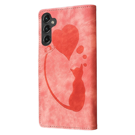 For Samsung Galaxy S25+ 5G Pen Heart Cat Embossed Leather Phone Case(Orange)