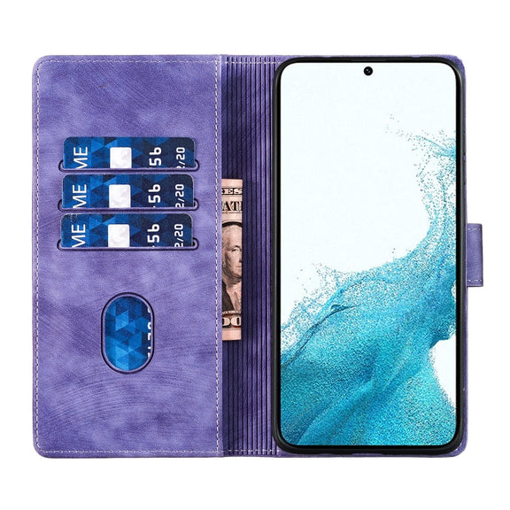 For Samsung Galaxy S25+ 5G Pen Heart Cat Embossed Leather Phone Case(Purple)