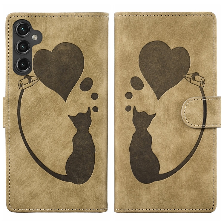 For Samsung Galaxy S25+ 5G Pen Heart Cat Embossed Leather Phone Case(Apricot)
