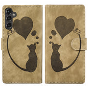 For Samsung Galaxy S25+ 5G Pen Heart Cat Embossed Leather Phone Case(Apricot)