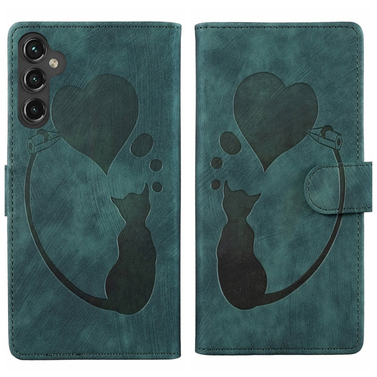 For Samsung Galaxy S25+ 5G Pen Heart Cat Embossed Leather Phone Case(Green)