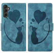For Samsung Galaxy S25+ 5G Pen Heart Cat Embossed Leather Phone Case(Blue)