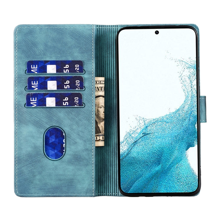For Samsung Galaxy S25+ 5G Pen Heart Cat Embossed Leather Phone Case(Blue)