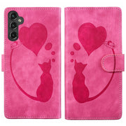 For Samsung Galaxy S25+ 5G Pen Heart Cat Embossed Leather Phone Case(Pink)