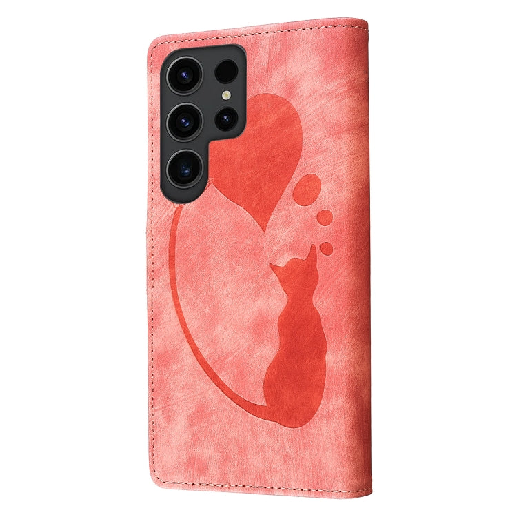 For Samsung Galaxy S25 Ultra 5G Pen Heart Cat Embossed Leather Phone Case(Orange)