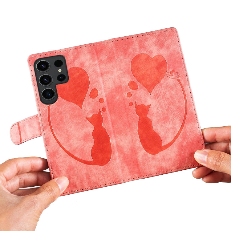 For Samsung Galaxy S25 Ultra 5G Pen Heart Cat Embossed Leather Phone Case(Orange)