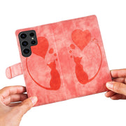 For Samsung Galaxy S25 Ultra 5G Pen Heart Cat Embossed Leather Phone Case(Orange)