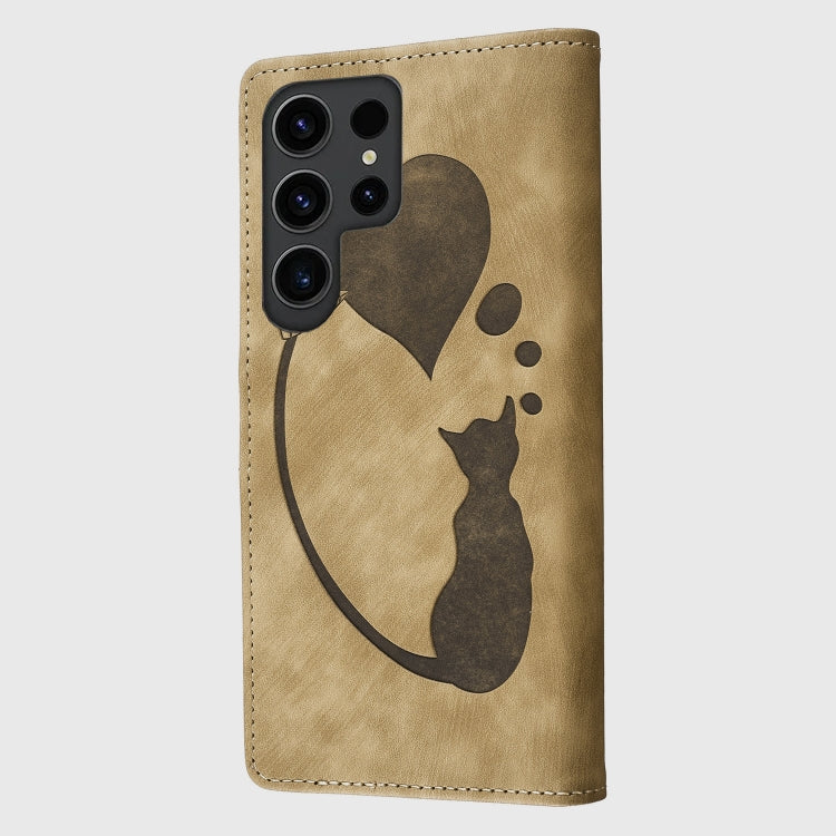 For Samsung Galaxy S25 Ultra 5G Pen Heart Cat Embossed Leather Phone Case(Apricot)