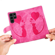 For Samsung Galaxy S25 Ultra 5G Pen Heart Cat Embossed Leather Phone Case(Pink)