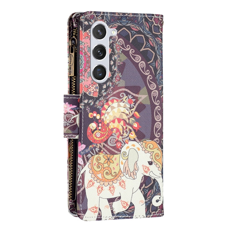 For Samsung Galaxy S25 5G Colored Drawing Pattern Zipper Leather Phone Case(Flower Elephant)