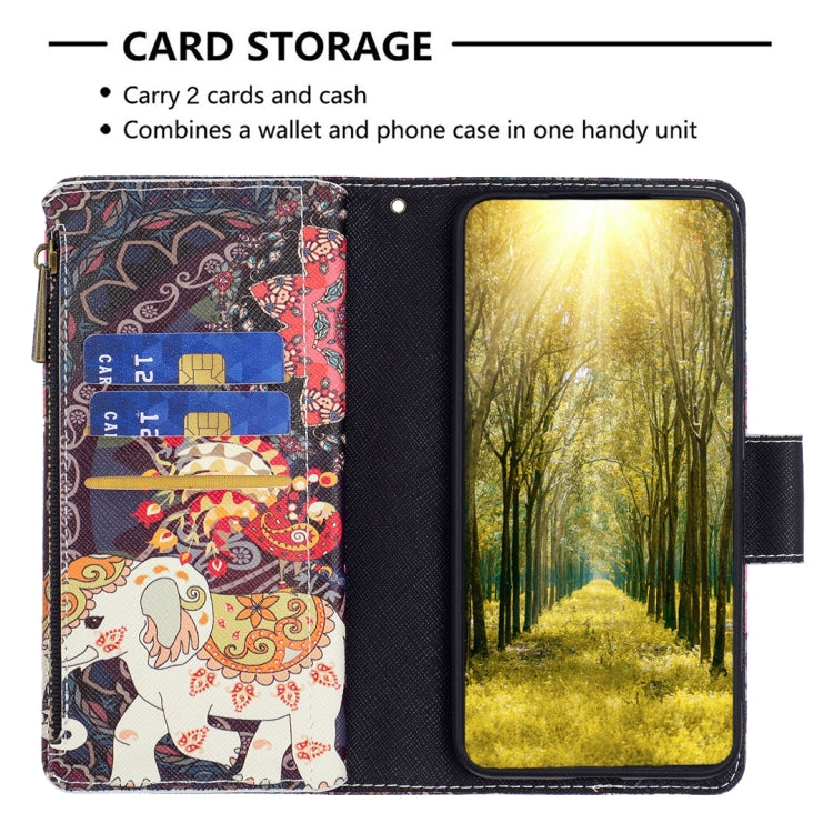 For Samsung Galaxy S25 5G Colored Drawing Pattern Zipper Leather Phone Case(Flower Elephant)