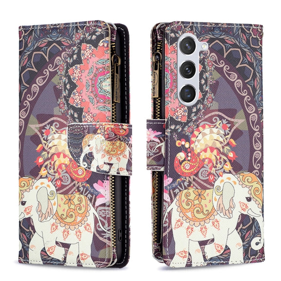 For Samsung Galaxy S25 5G Colored Drawing Pattern Zipper Leather Phone Case(Flower Elephant)