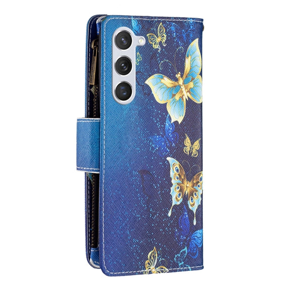 For Samsung Galaxy S25 5G Colored Drawing Pattern Zipper Leather Phone Case(Gold Butterfly)