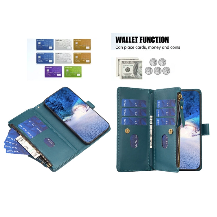 For Samsung Galaxy S25+ 5G 9 Card Slots Zipper Wallet Leather Flip Phone Case(Green)